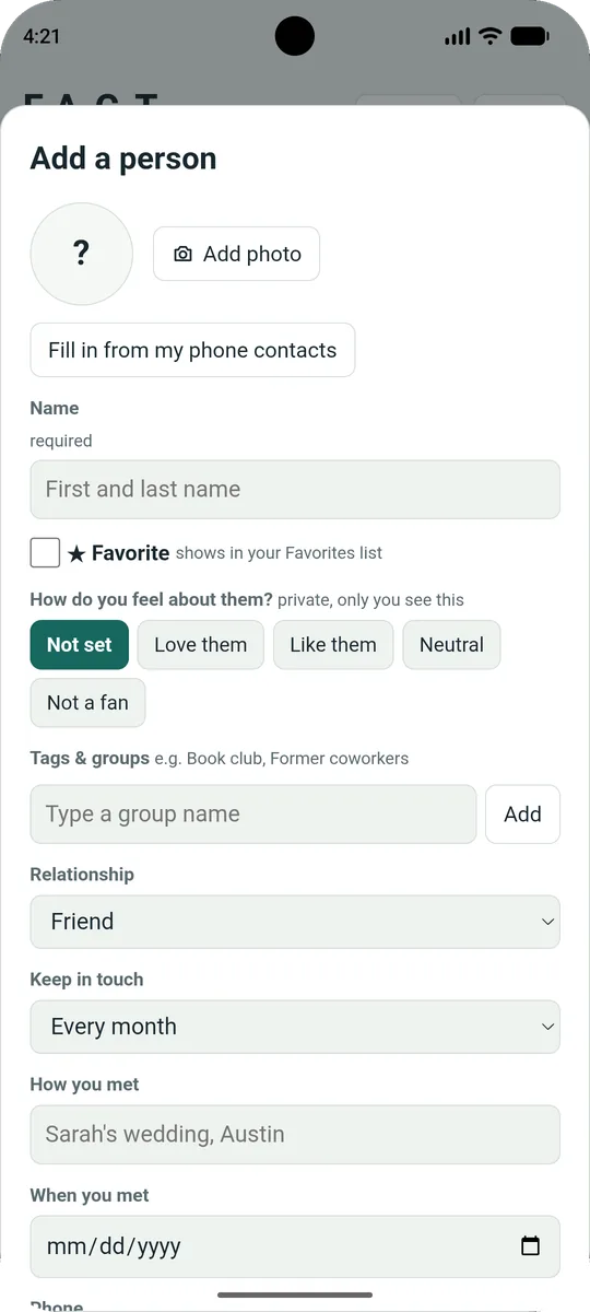 F.A.C.T. Add a person form with feelings, groups and how you met