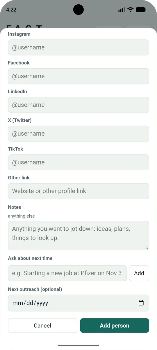 F.A.C.T. form with social links, notes and Ask about next time