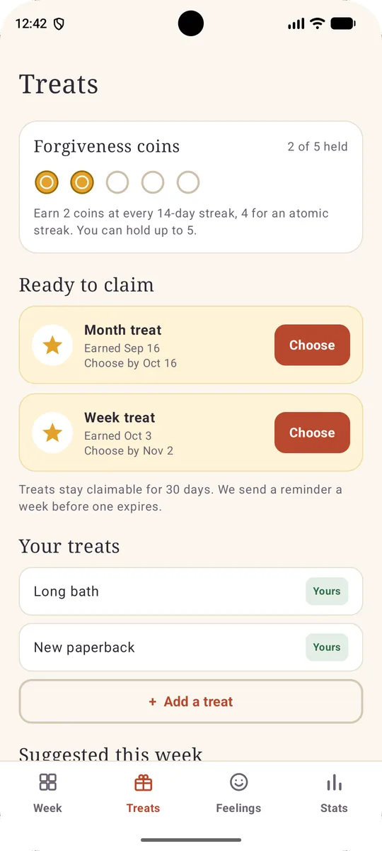 Hibikind Treats screen with forgiveness coins and treats ready to claim
