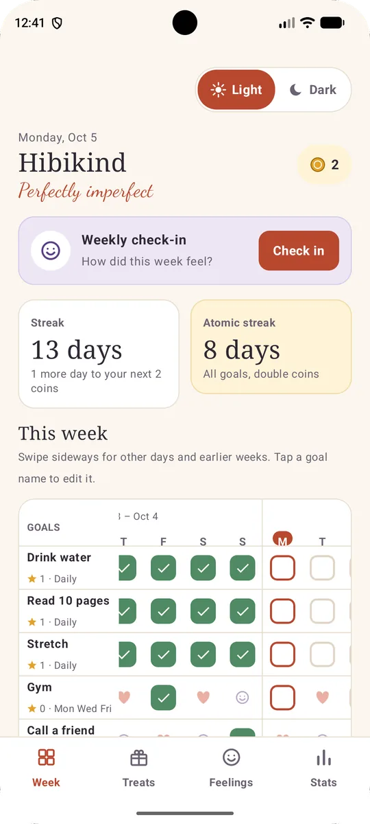 Hibikind week view with streaks, a weekly check-in and the goal grid