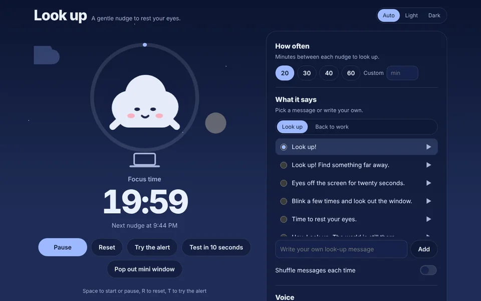 Look up in dark mode during focus time, with a night sky