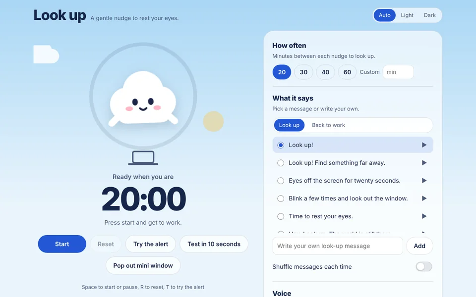 Look up on a computer, ready to start, with the cloud mascot, a 20-minute timer and settings
