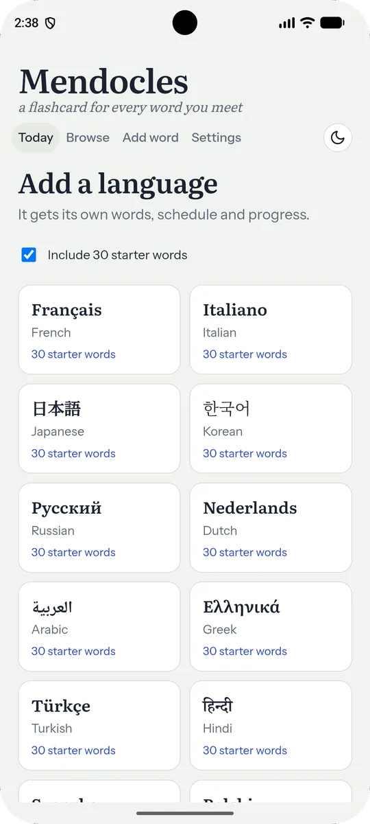 Mendocles Add a language screen with optional starter words
