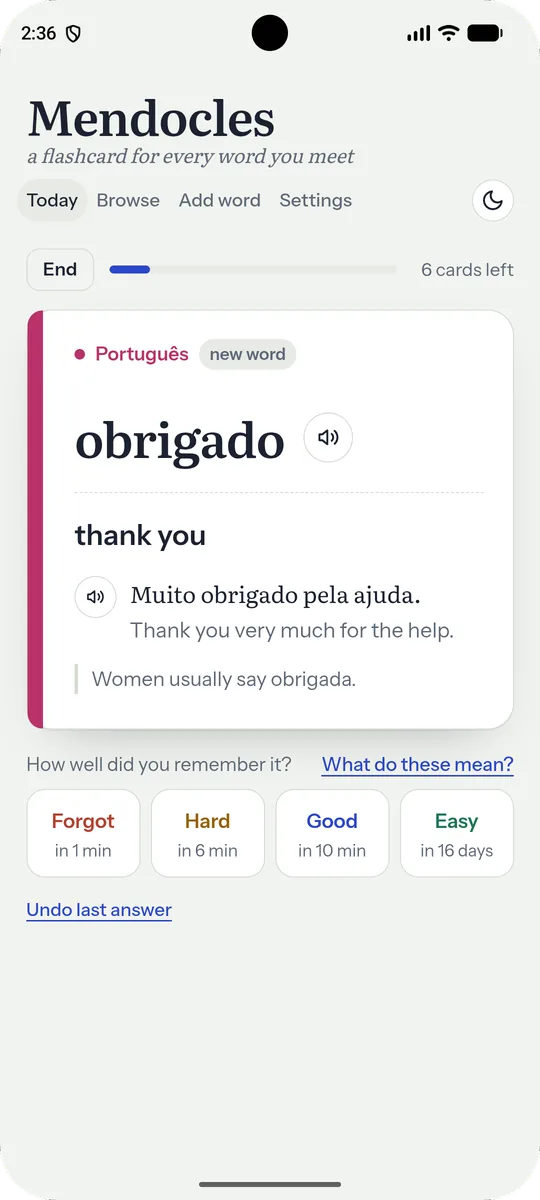 Mendocles review card: obrigado, thank you, with an example sentence and note