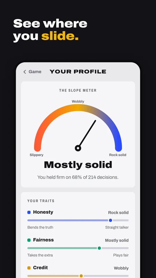 See where you slide: the profile page with the slope meter and trait scales
